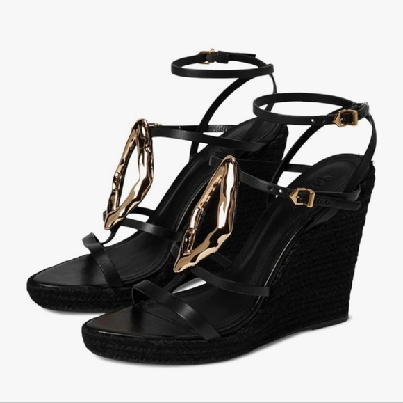 Schutz Amarilis Embellished Wedge Sandals In Black And Gold Size 11 B - Picture 3 of 16